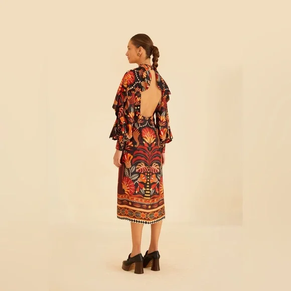 FARM RIO Red Nature Beauty Scarf Backless Midi Dress, Size Small, $270 - Picture 7 of 14
